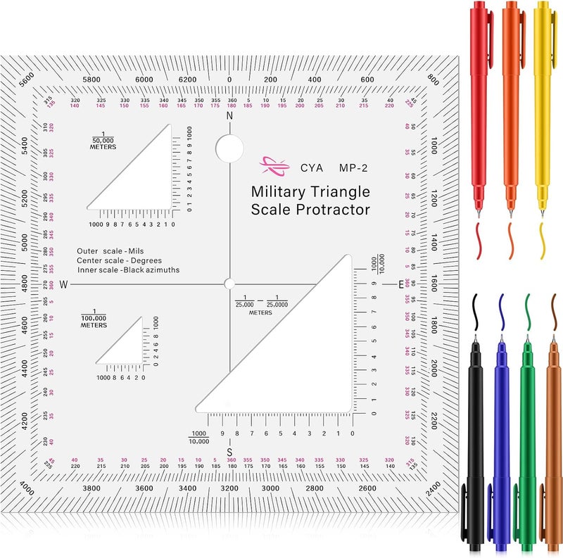 Oudain Military UTM/MGRS Coordinate Scale 7 Assorted Colors Military Map Markers Fine Point Pens Land Navigation Protractor and Map Reading and Grid Coordinate Reader Pairs with Compass - Image 1